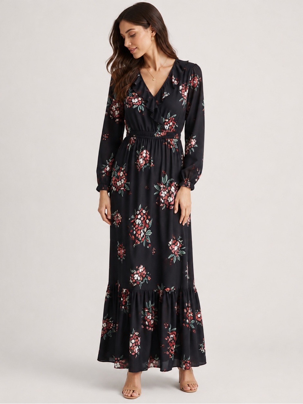 LOFT Petite Black Floral Ruffle Midi Dress XSP